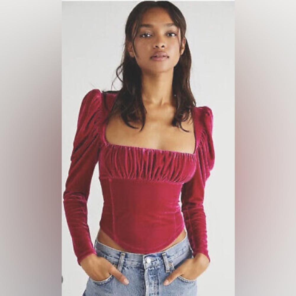 Free People Red Puff Sleeve Bodysuit